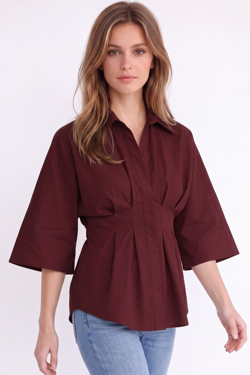 Kadın Regular Fit Klasik Kesim Kısa Kollu Terycotton Kumaş Pileli Bordo Gömlek