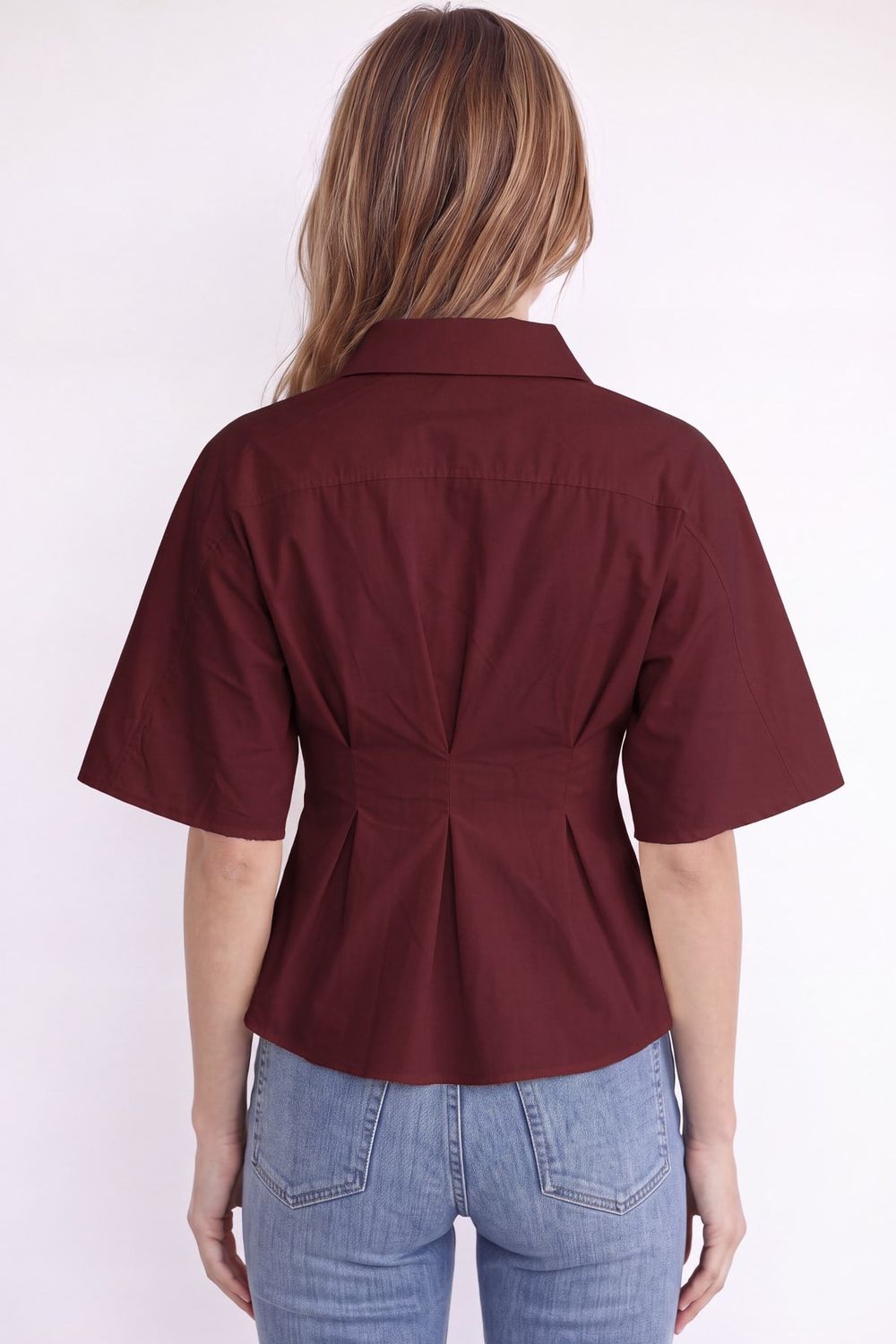 Kadın Regular Fit Klasik Kesim Kısa Kollu Terycotton Kumaş Pileli Bordo Gömlek