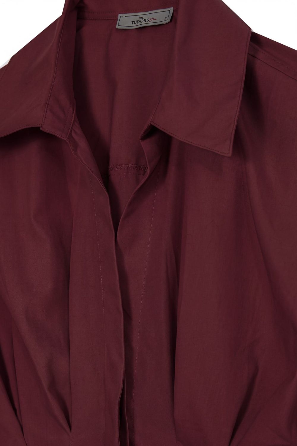 Kadın Regular Fit Klasik Kesim Kısa Kollu Terycotton Kumaş Pileli Bordo Gömlek