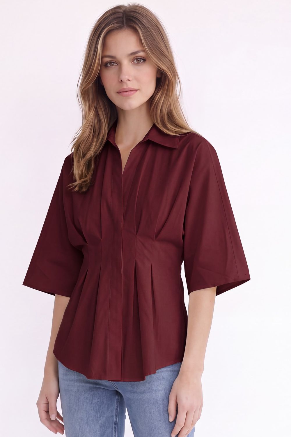 Kadın Regular Fit Klasik Kesim Kısa Kollu Terycotton Kumaş Pileli Bordo Gömlek