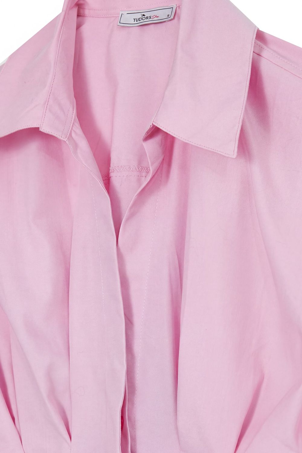 Kadın Regular Fit Klasik Kesim Kısa Kollu Terycotton Kumaş Pileli Pembe Gömlek