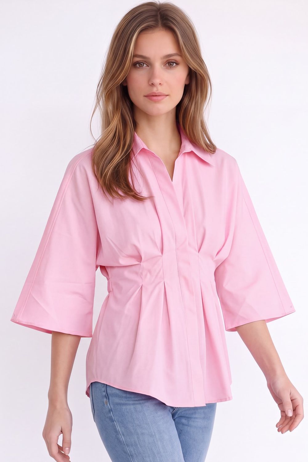 Kadın Regular Fit Klasik Kesim Kısa Kollu Terycotton Kumaş Pileli Pembe Gömlek