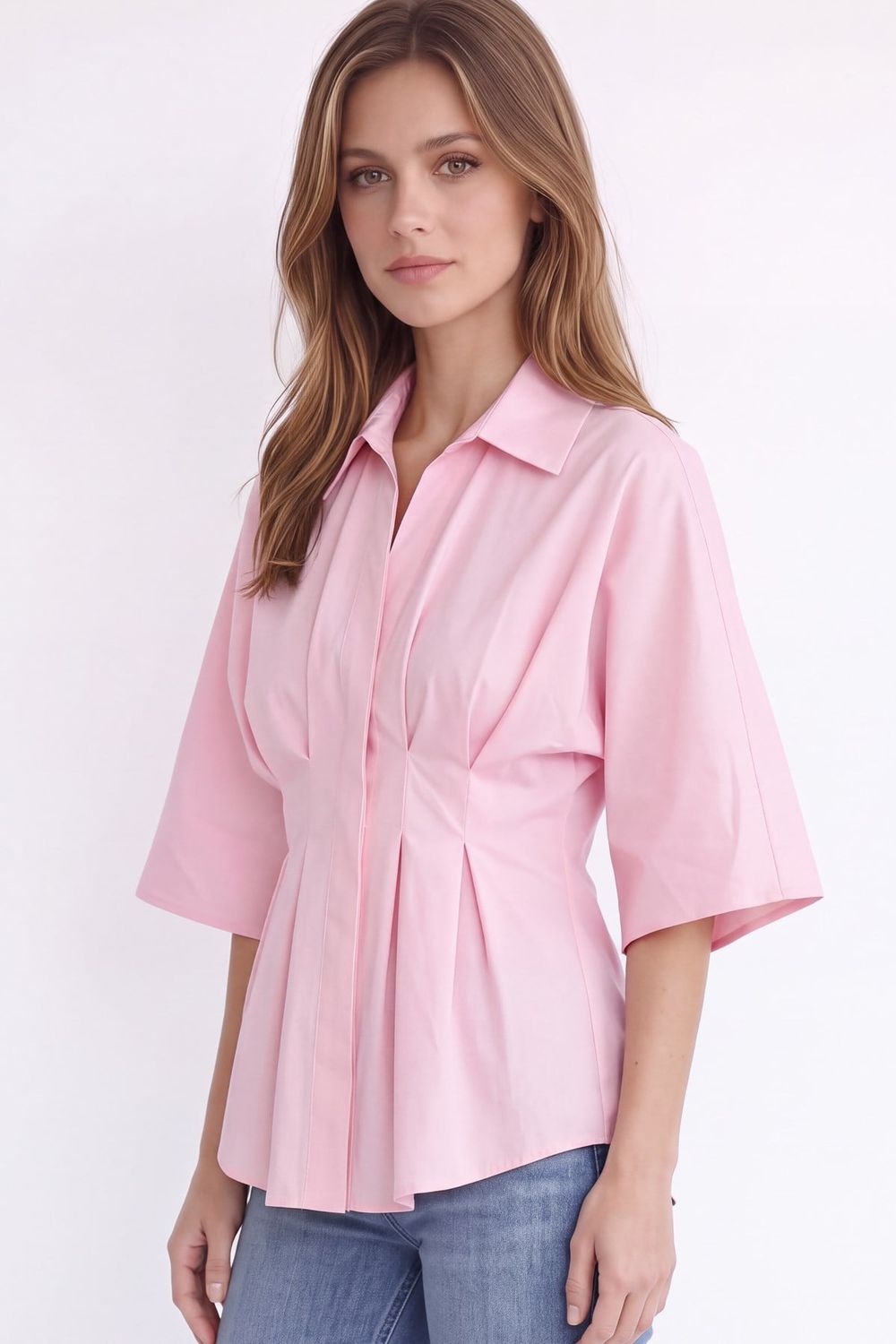 Kadın Regular Fit Klasik Kesim Kısa Kollu Terycotton Kumaş Pileli Pembe Gömlek