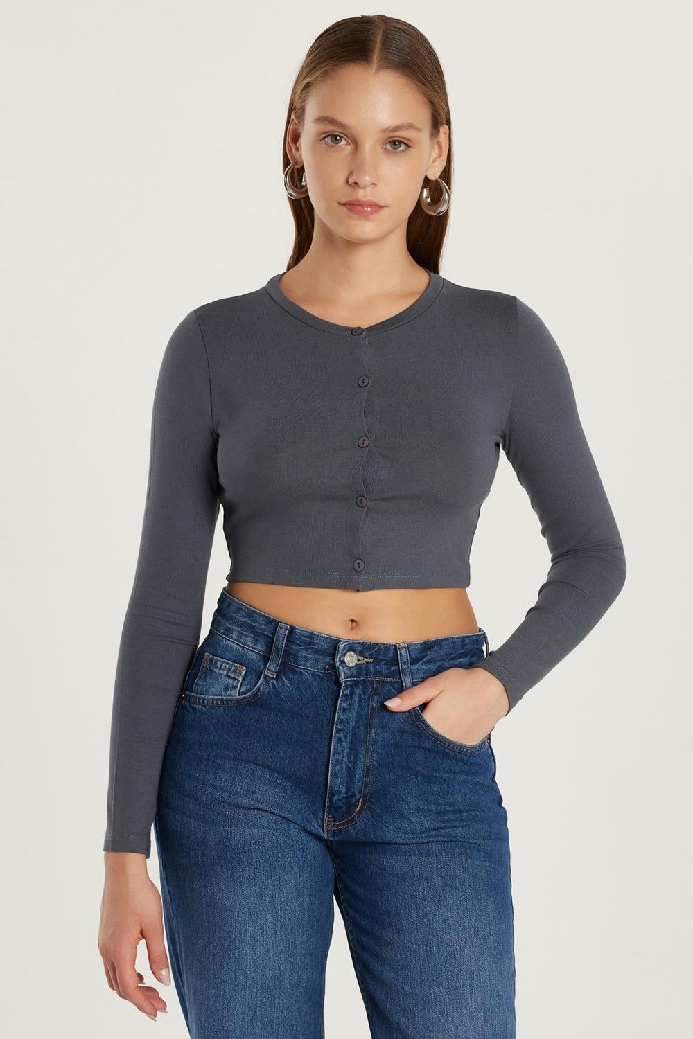 Kadın Slim Fit Dar Kesim Uzun Kollu Bisiklet Yaka Antrasit Hırka
