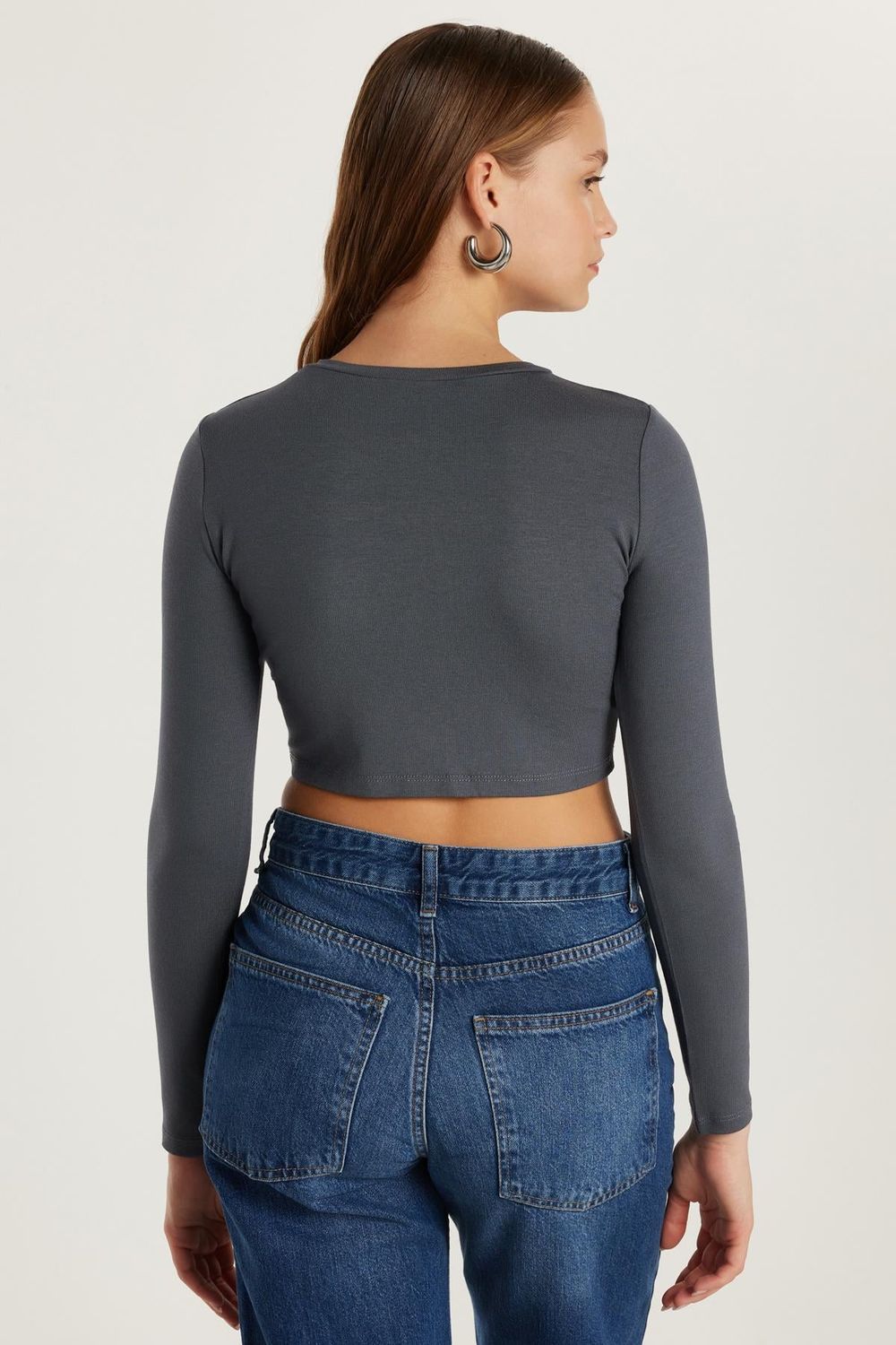 Kadın Slim Fit Dar Kesim Uzun Kollu Bisiklet Yaka Antrasit Hırka