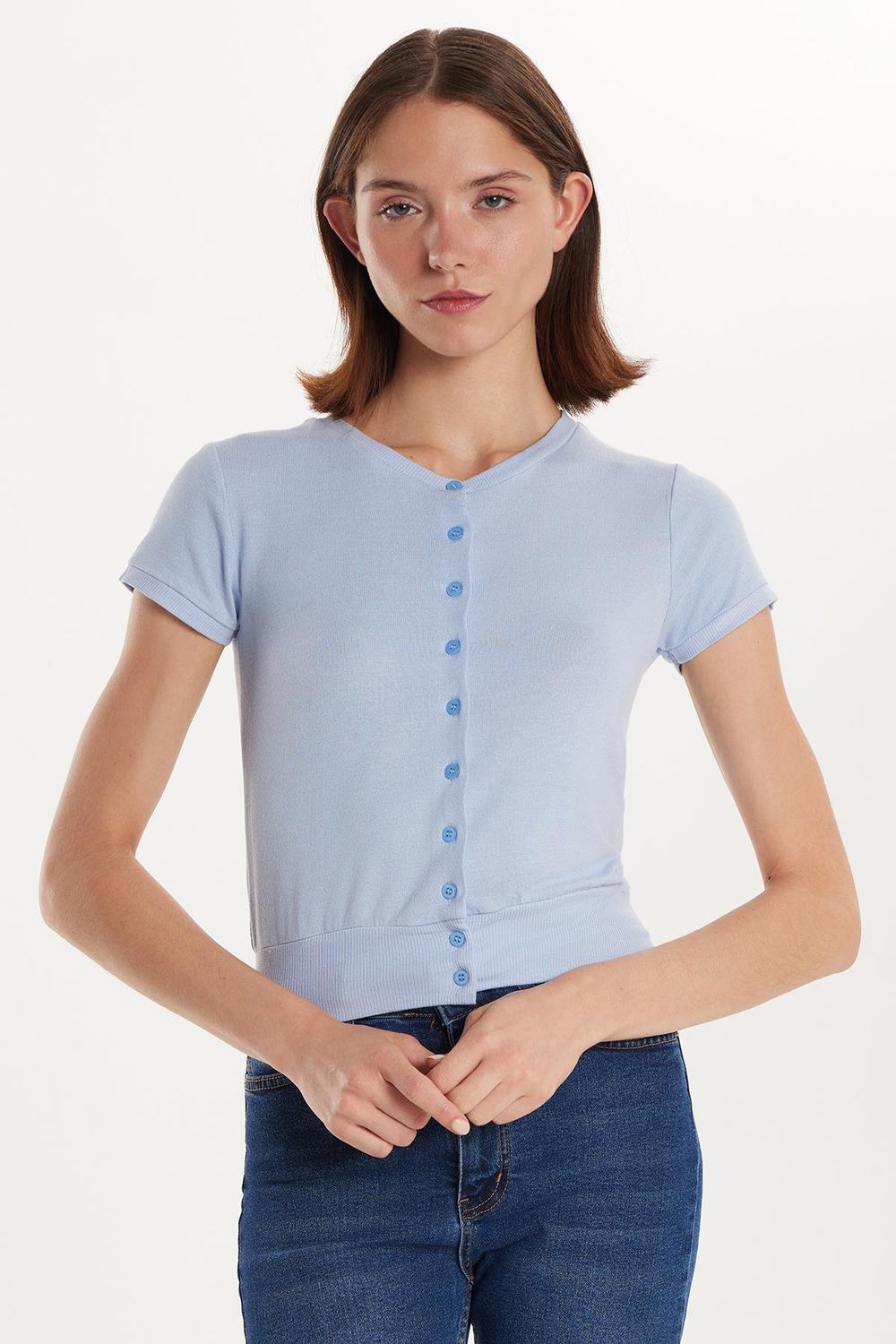 Kadın Slim Fit Dar Kesim Kısa Kollu Bisiklet Yaka Düğmeli Mavi Hırka