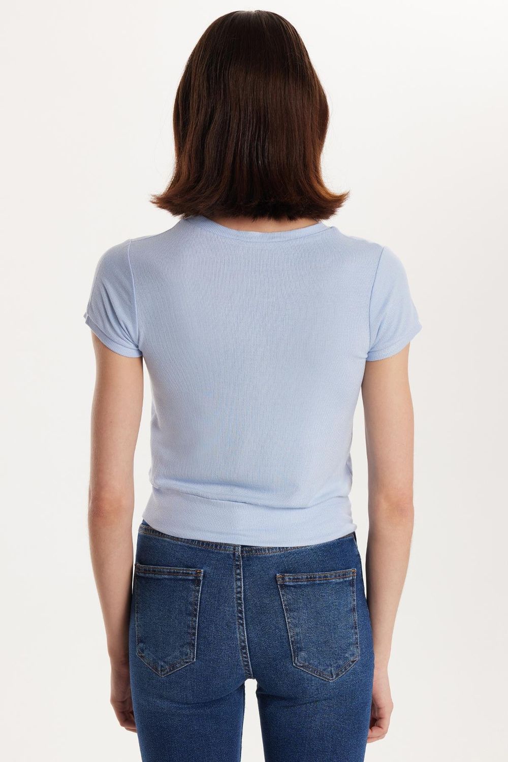 Kadın Slim Fit Dar Kesim Kısa Kollu Bisiklet Yaka Düğmeli Mavi Hırka