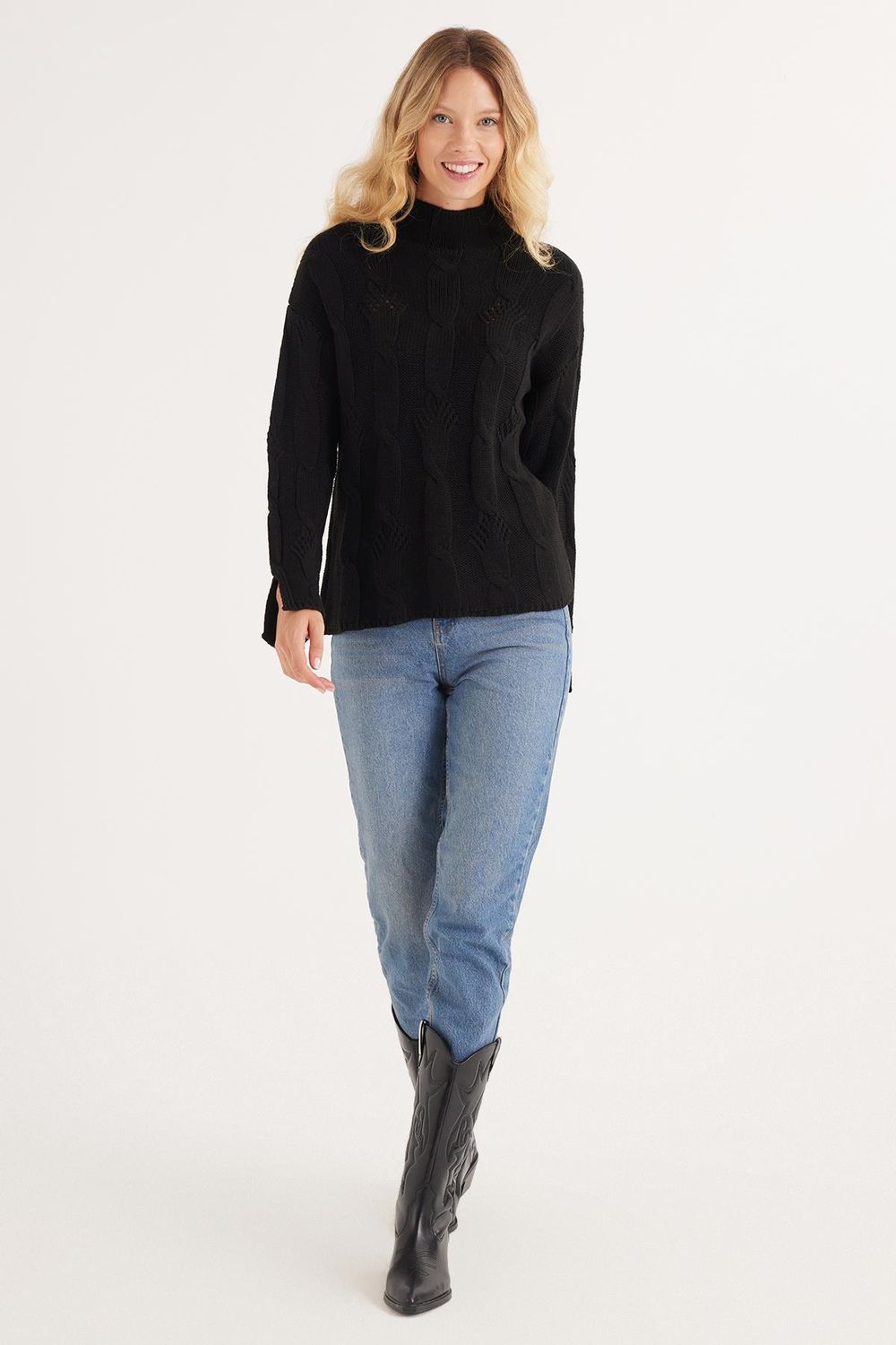 Kadın Regular Fit Klasik Kesim Yarım Balıkçı Yaka Örgü Desenli Siyah Kazak