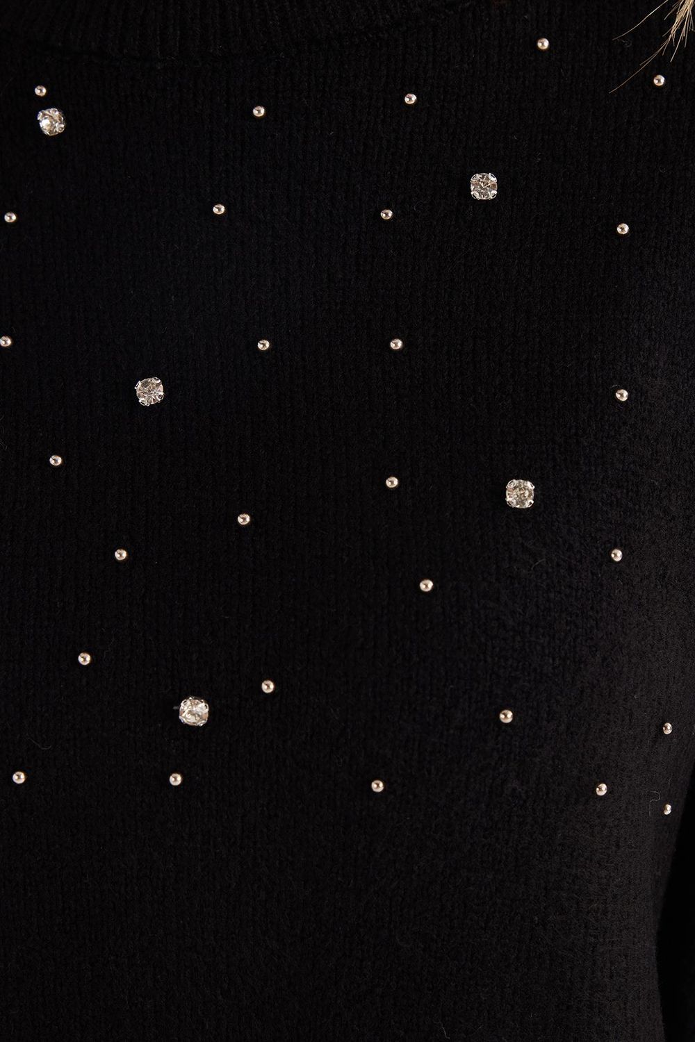 Kadın Slim Fit Dar Kesim Bisiklet Yaka İşlemeli Siyah Kazak