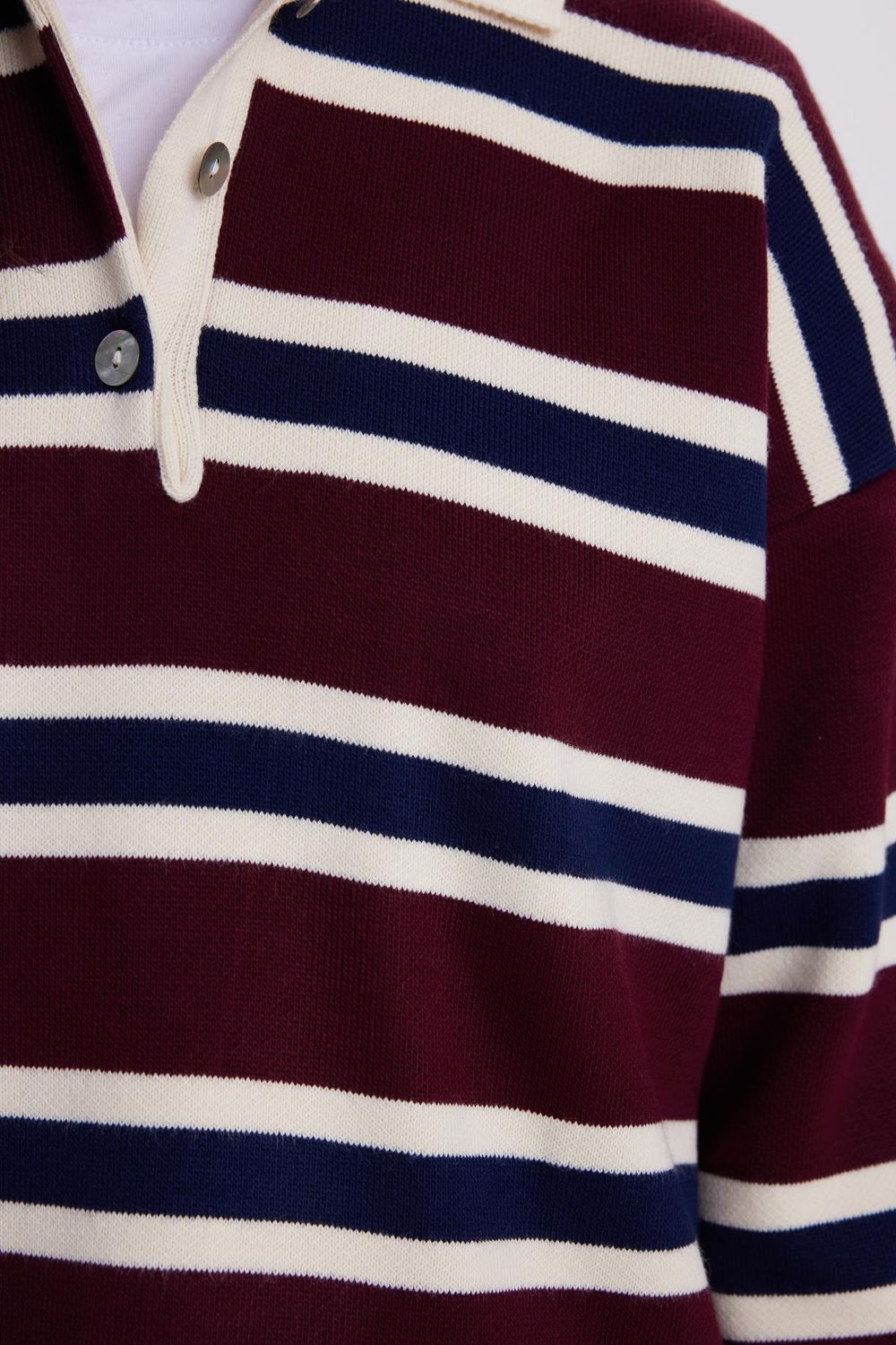 Kadın Regular Fit Klasik Kesim Çizgili Polo Yaka Bordo Kazak