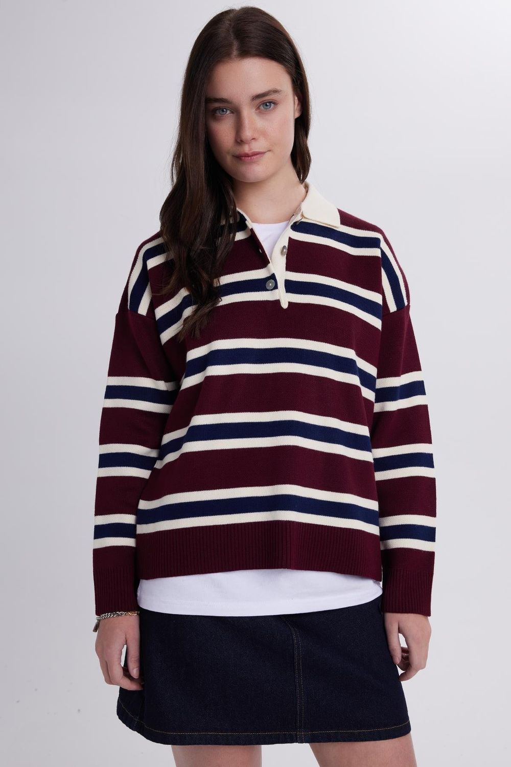 Kadın Regular Fit Klasik Kesim Çizgili Polo Yaka Bordo Kazak