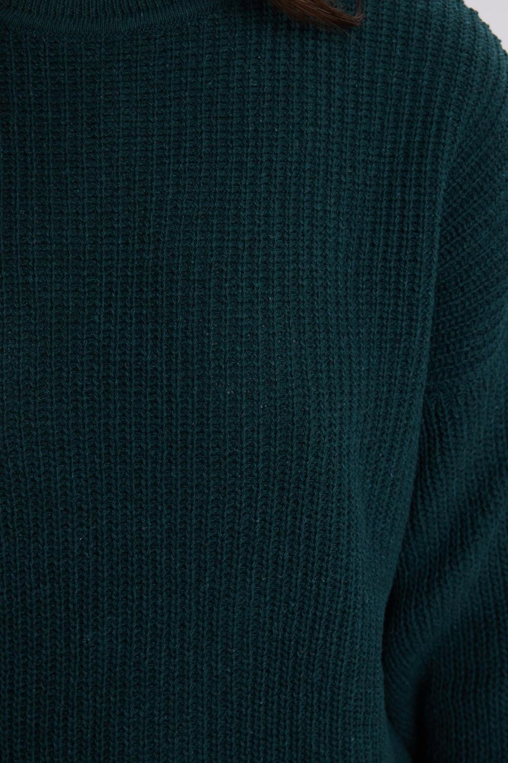 Kadın Oversize Geniş Kesim Örme Detaylı Bisiklet Yaka Yeşil Kazak