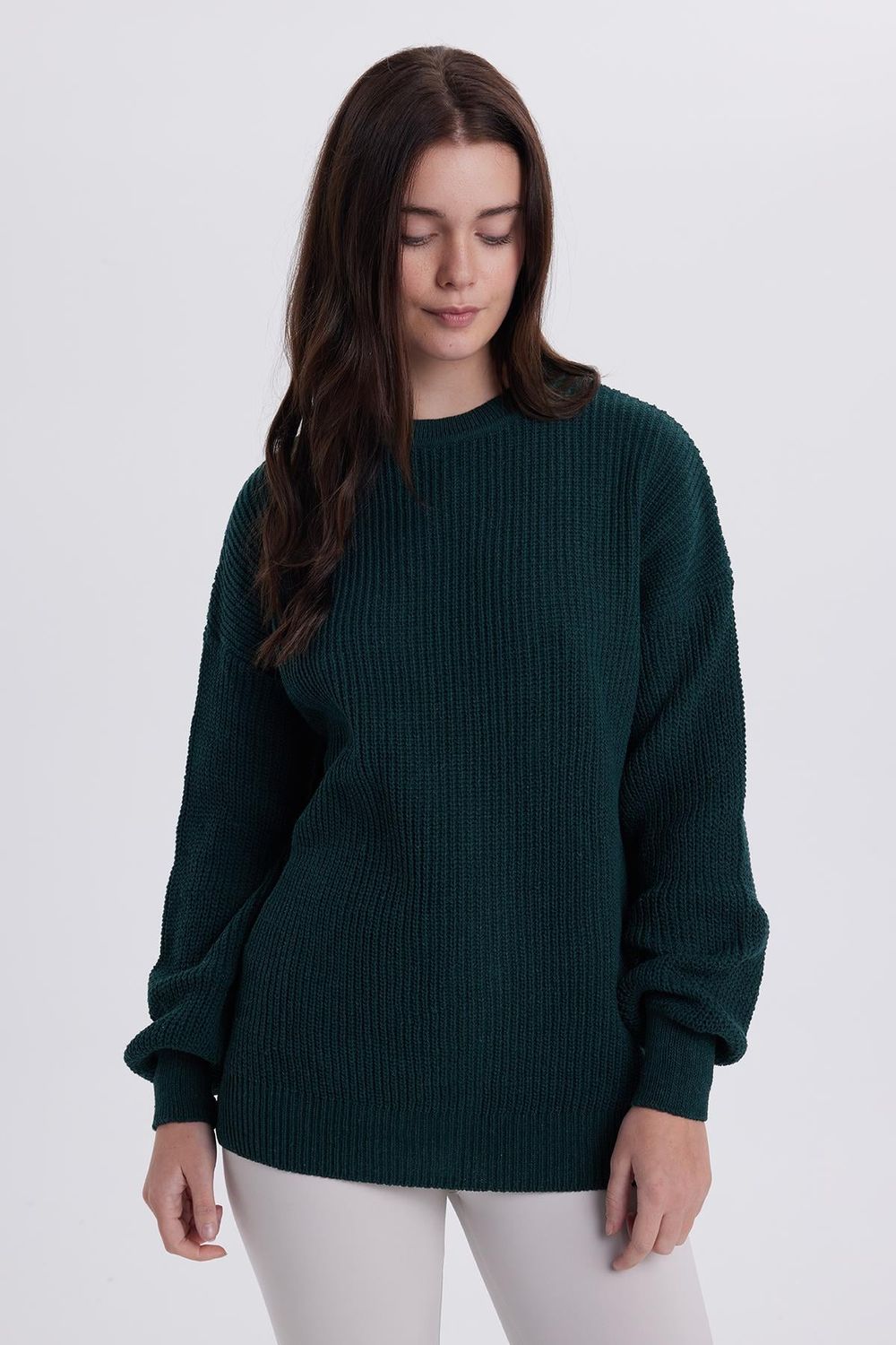 Kadın Oversize Geniş Kesim Örme Detaylı Bisiklet Yaka Yeşil Kazak