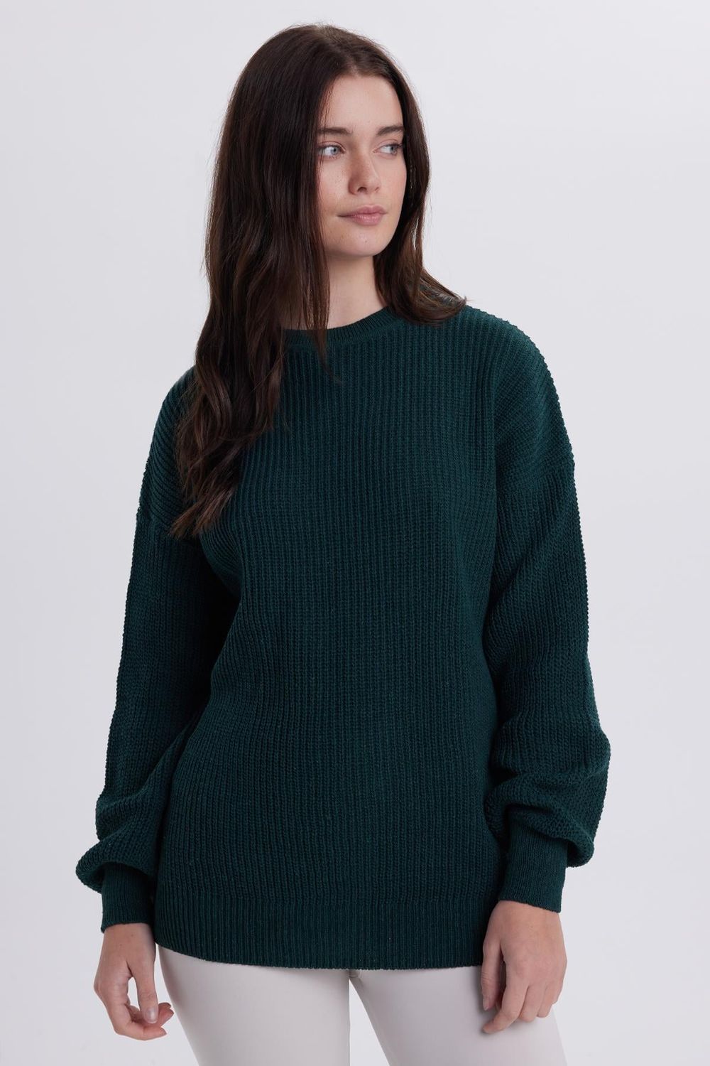 Kadın Oversize Geniş Kesim Örme Detaylı Bisiklet Yaka Yeşil Kazak