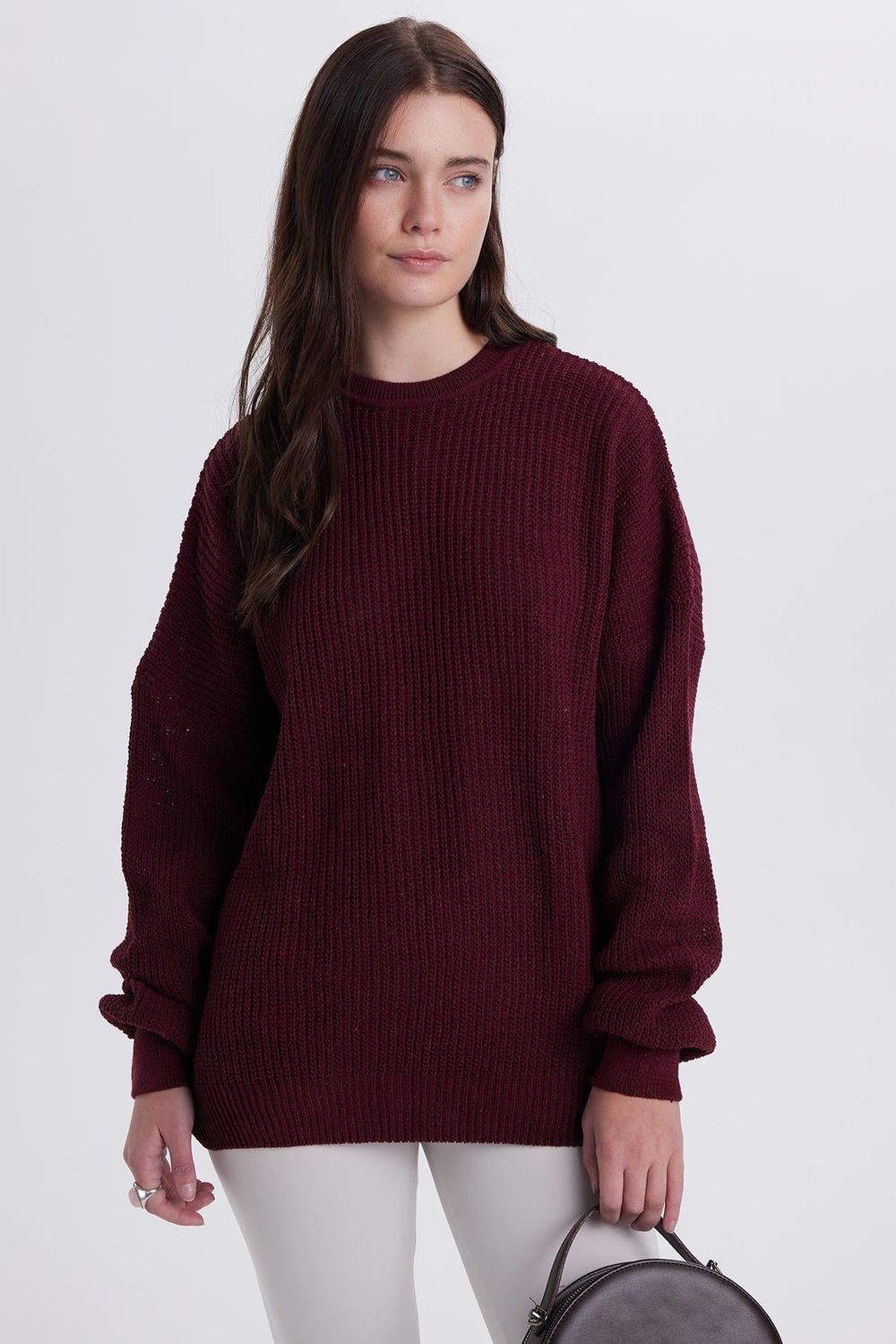 Kadın Oversize Geniş Kesim Örme Detaylı Bisiklet Yaka Bordo Kazak