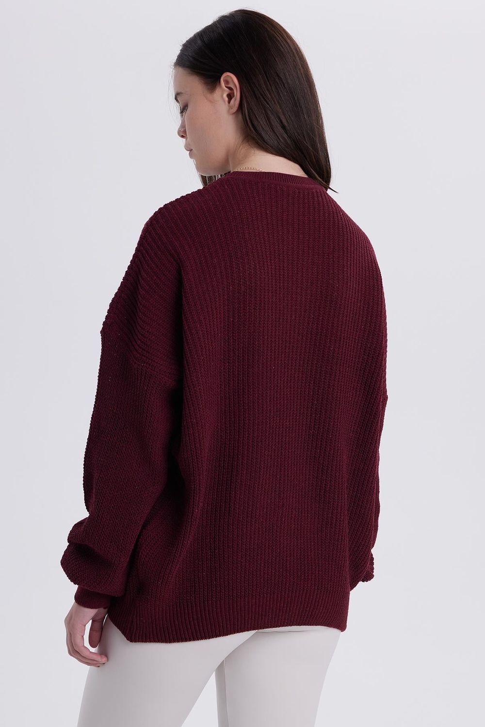 Kadın Oversize Geniş Kesim Örme Detaylı Bisiklet Yaka Bordo Kazak
