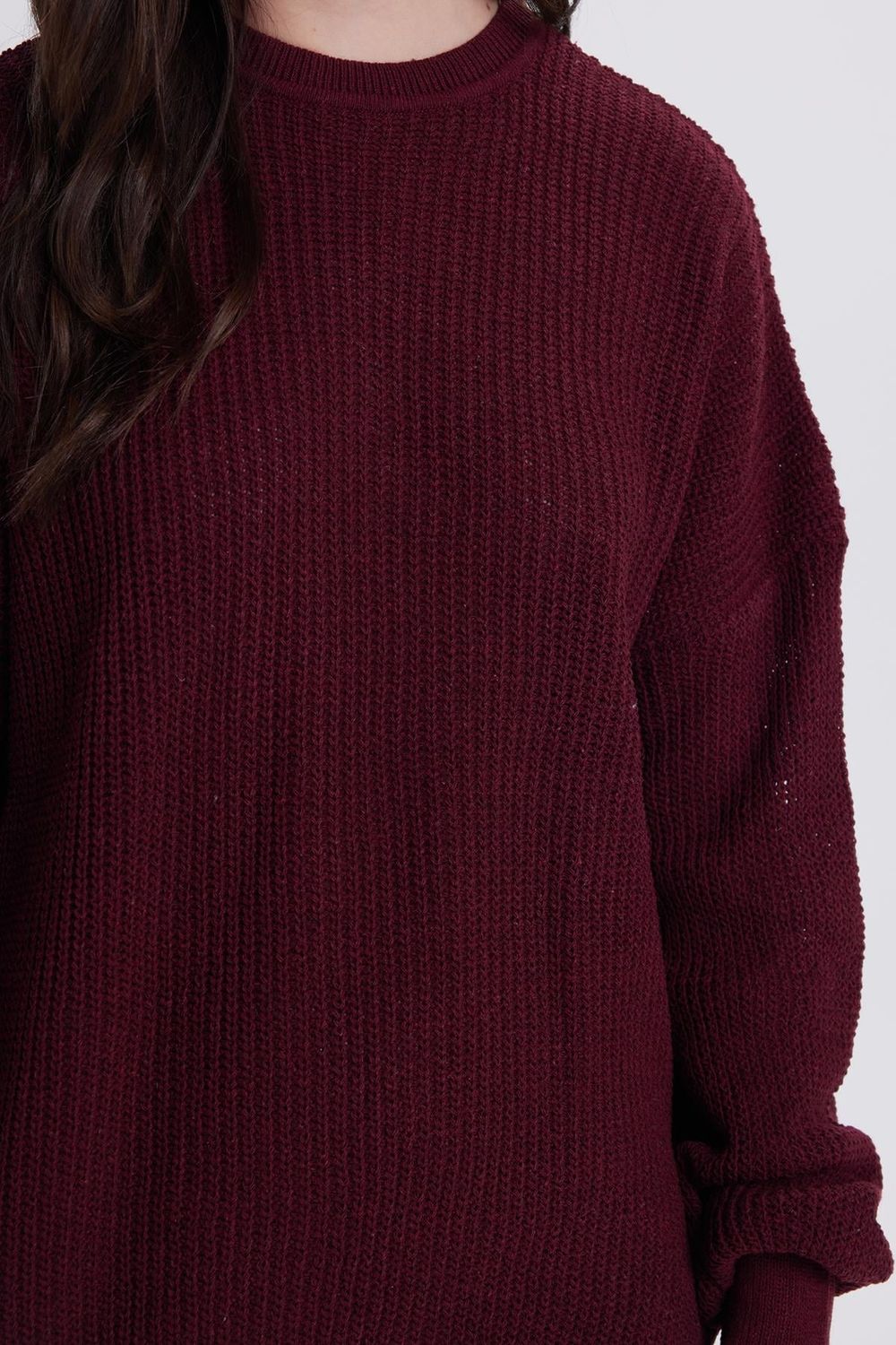 Kadın Oversize Geniş Kesim Örme Detaylı Bisiklet Yaka Bordo Kazak