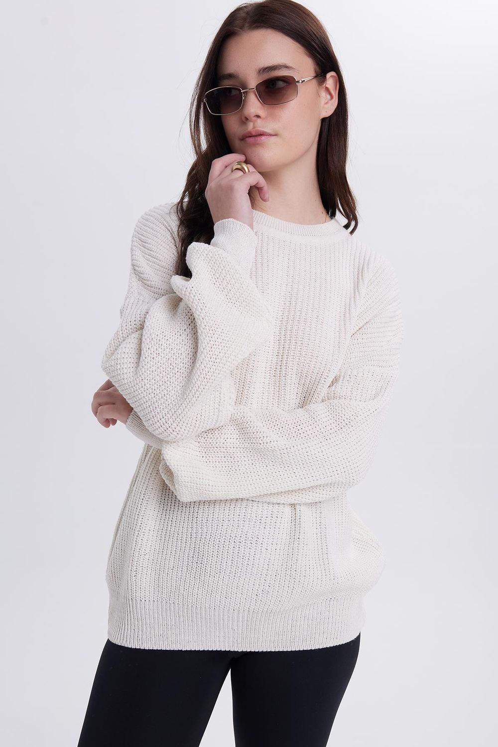 Kadın Oversize Geniş Kesim Örme Detaylı Bisiklet Yaka Ekru Kazak