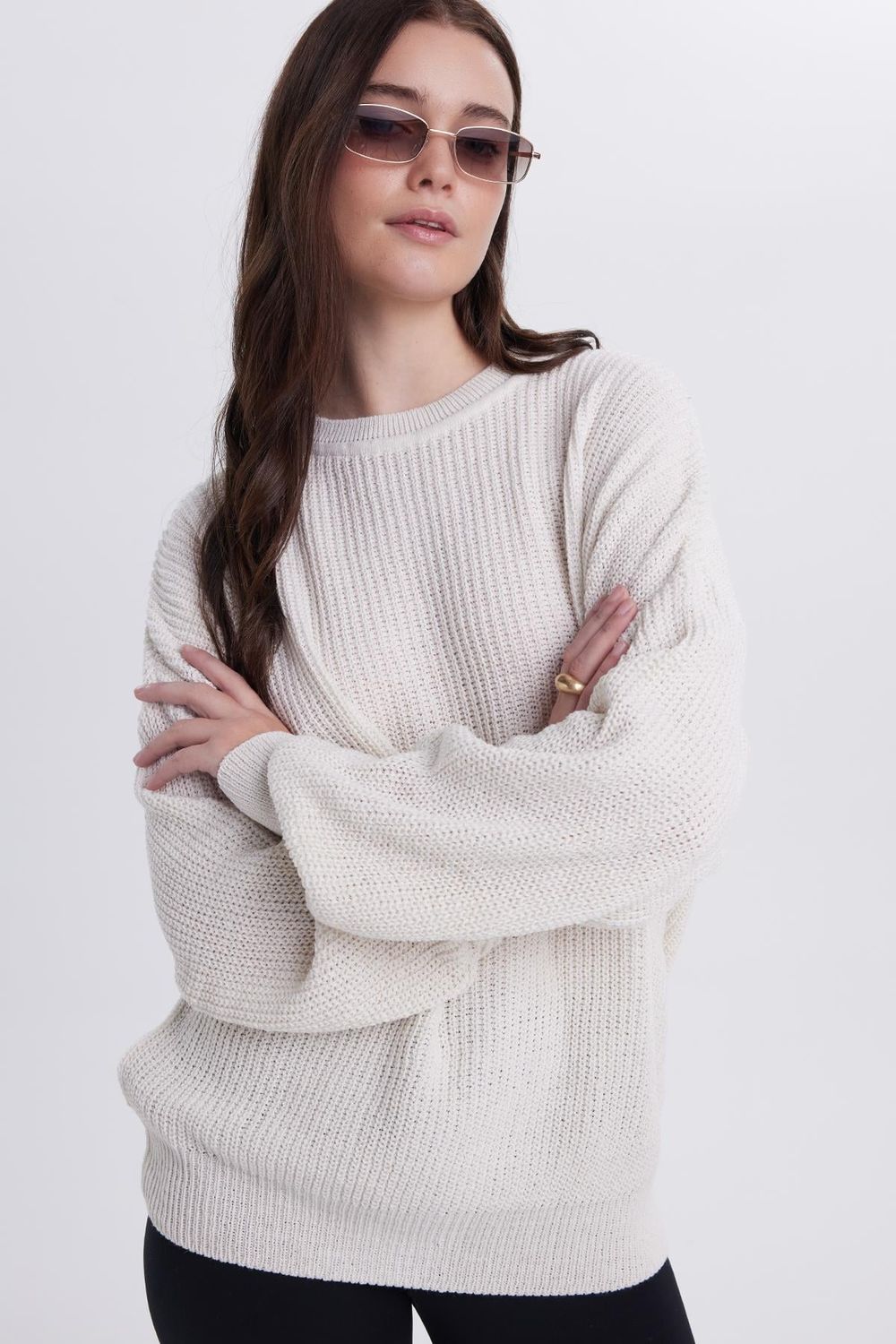 Kadın Oversize Geniş Kesim Örme Detaylı Bisiklet Yaka Ekru Kazak