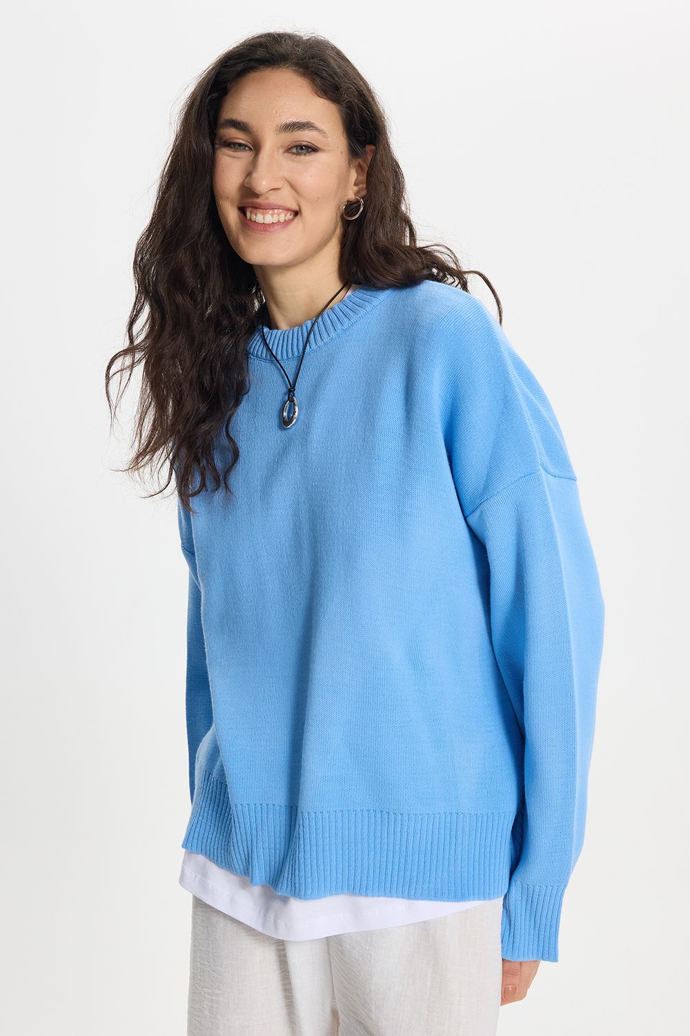 Kadın Oversize Geniş Kesim Bisiklet Yaka Mavi Kazak