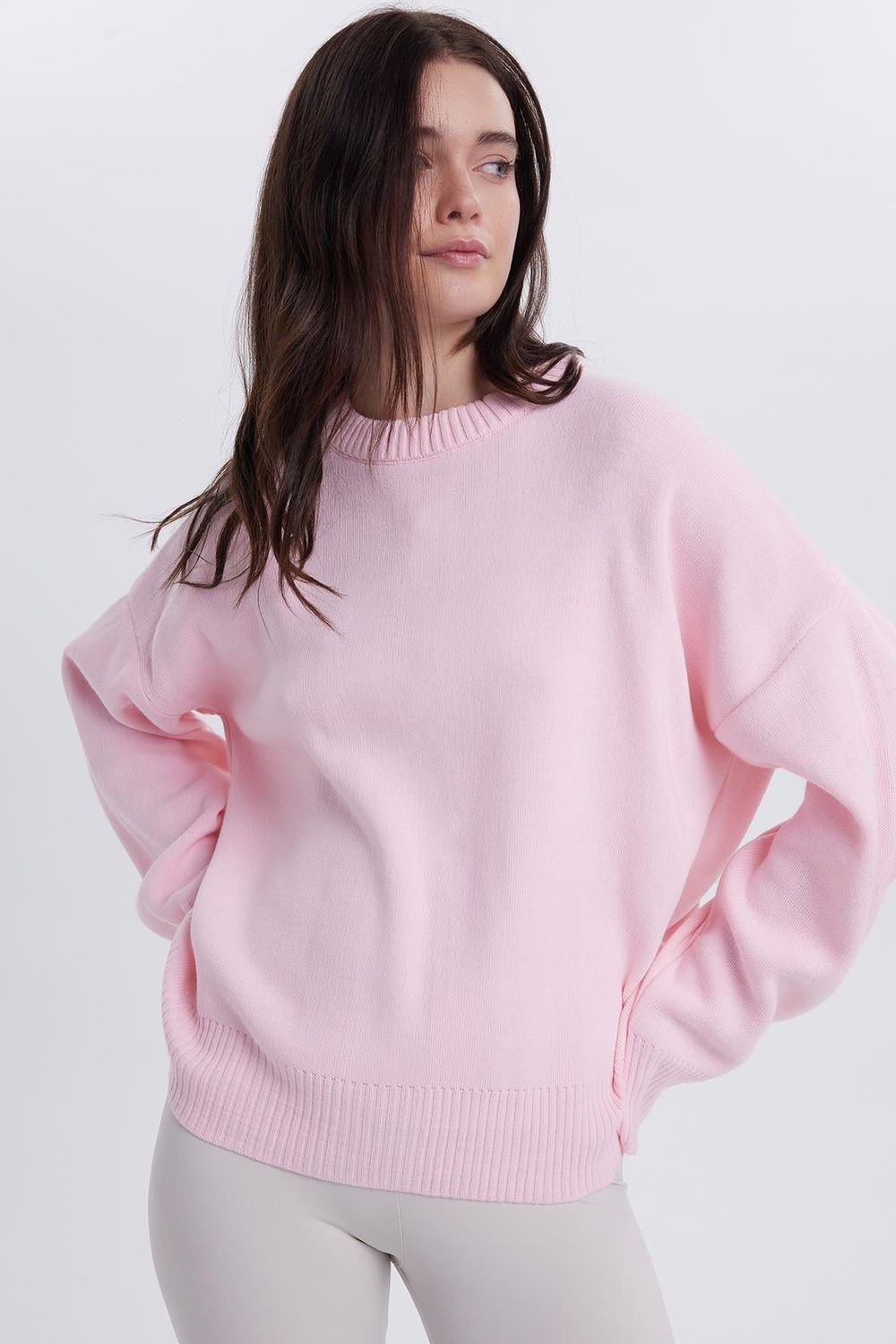 Kadın Oversize Geniş Kesim Bisiklet Yaka Pembe Kazak