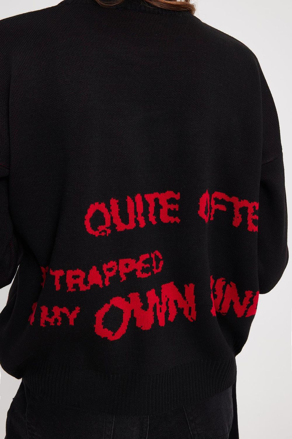 Kadın Oversize Geniş Kesim Örme Detaylı Baskılı Bisiklet Yaka Siyah Kazak