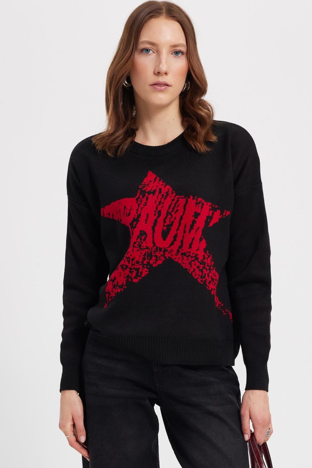 Kadın Oversize Geniş Kesim Örme Detaylı Baskılı Bisiklet Yaka Siyah Kazak