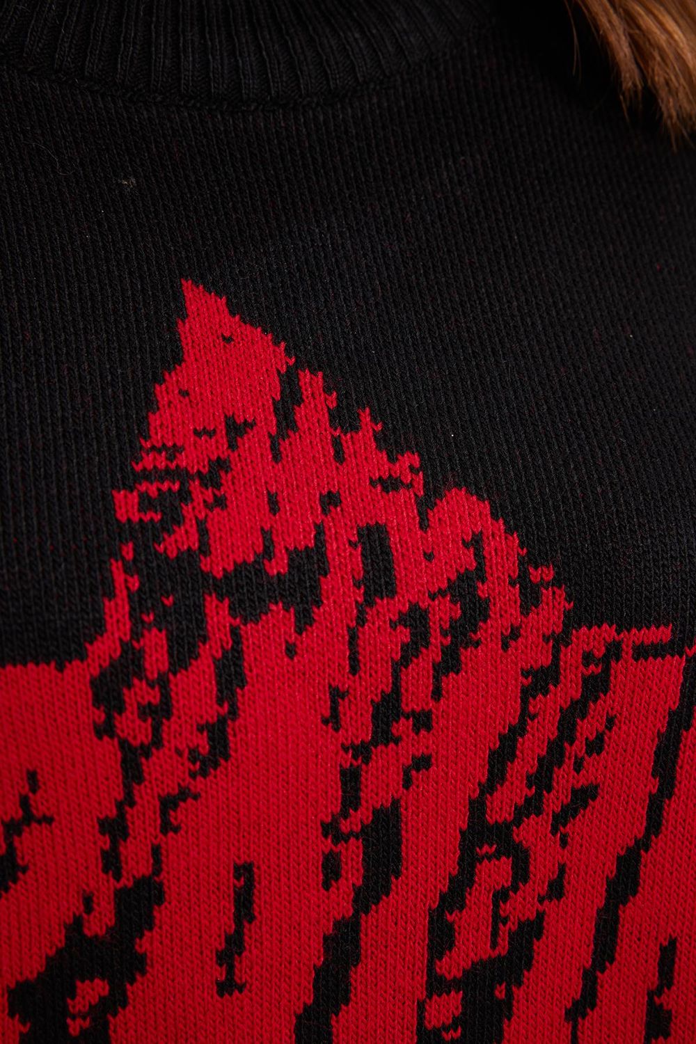 Kadın Oversize Geniş Kesim Örme Detaylı Baskılı Bisiklet Yaka Siyah Kazak