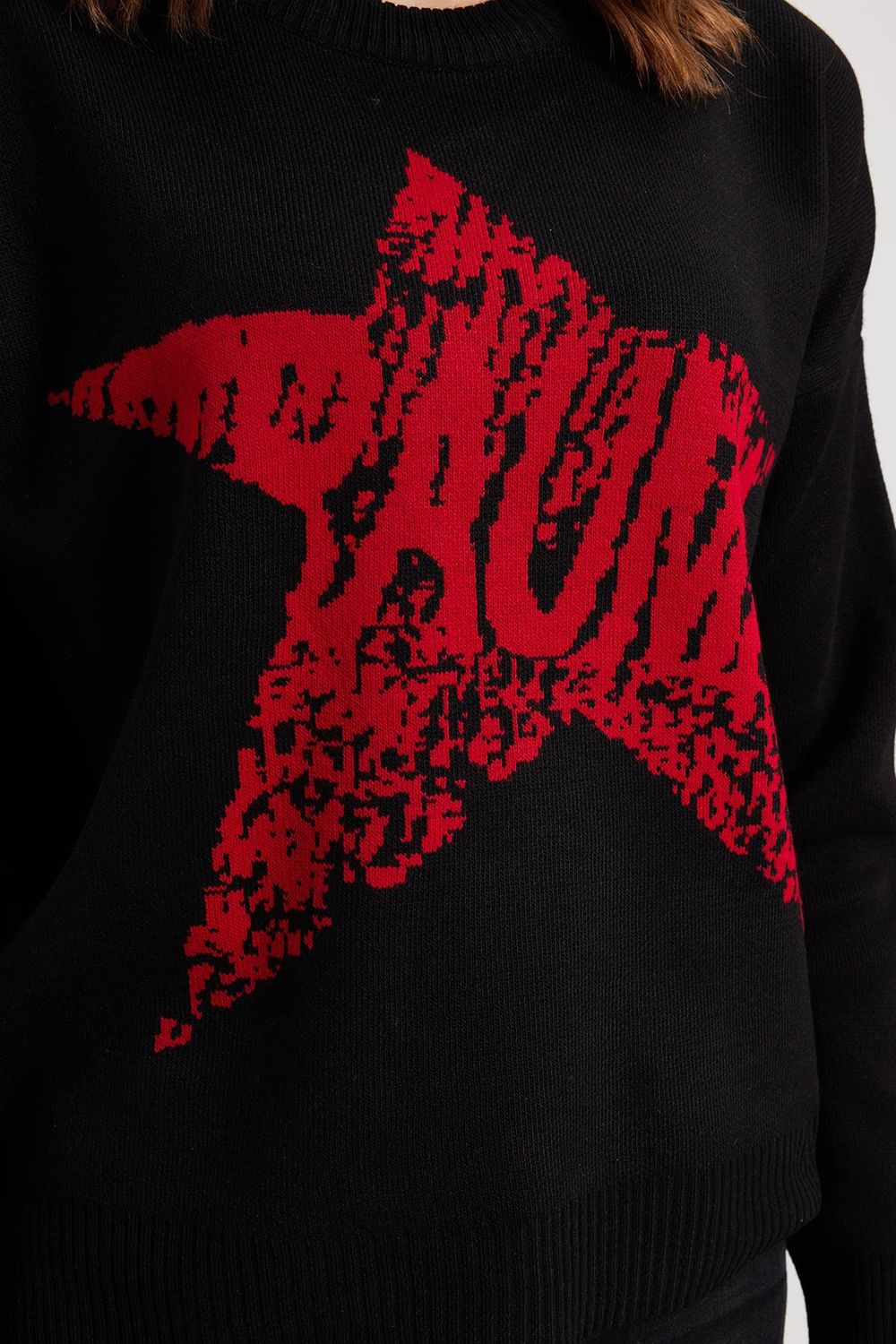 Kadın Oversize Geniş Kesim Örme Detaylı Baskılı Bisiklet Yaka Siyah Kazak