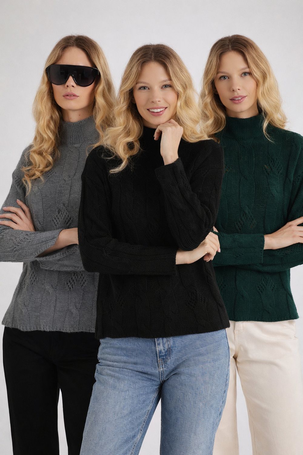 Kadın 3'lü Paket Siyah-Gri-Yeşil Regular Fit Klasik Kesim Yarım Balıkçı Yaka Örgü Desenli Kazak