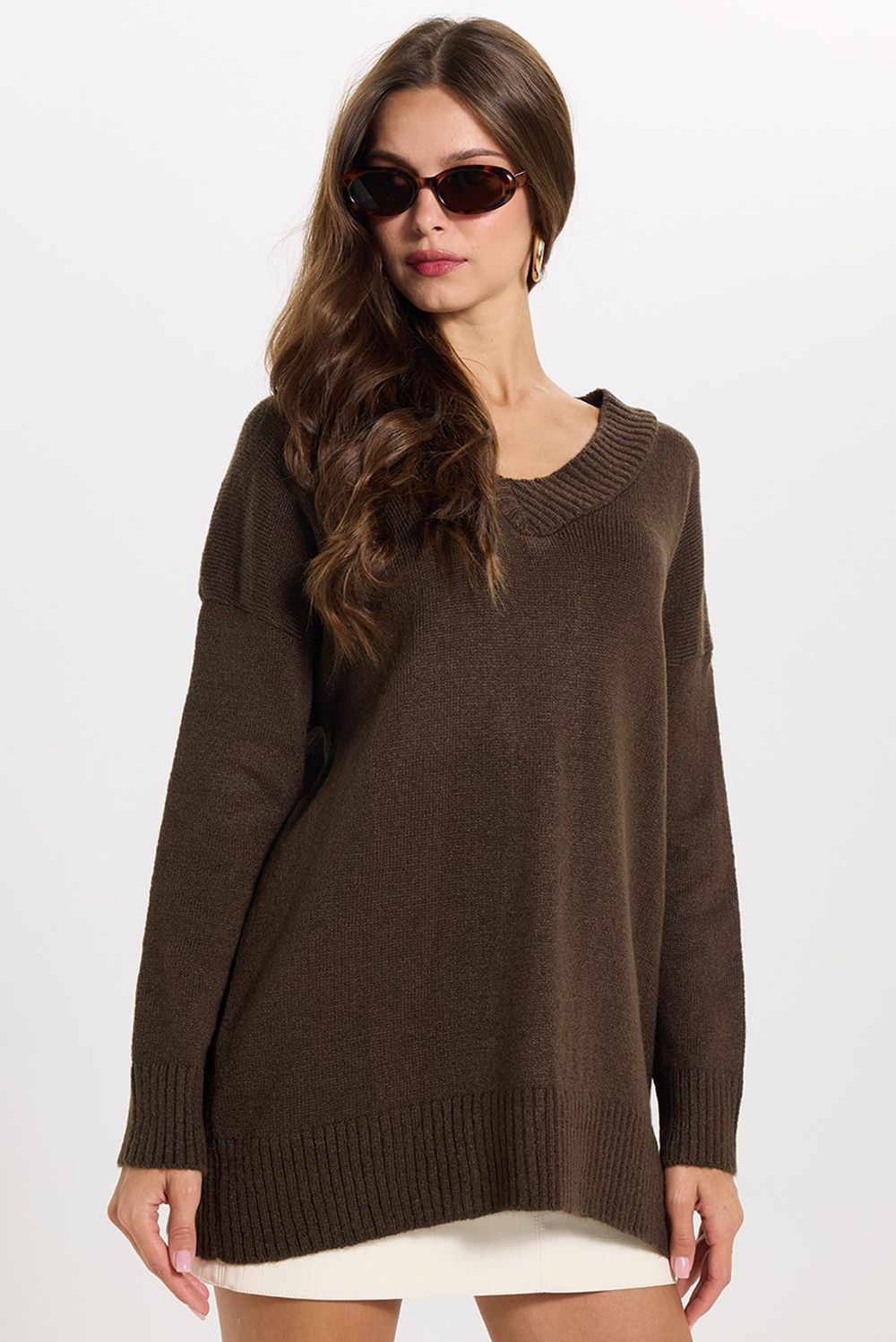 KADIN OVERSIZE V YAKA ERN-8366 BLUZ  KAZAK