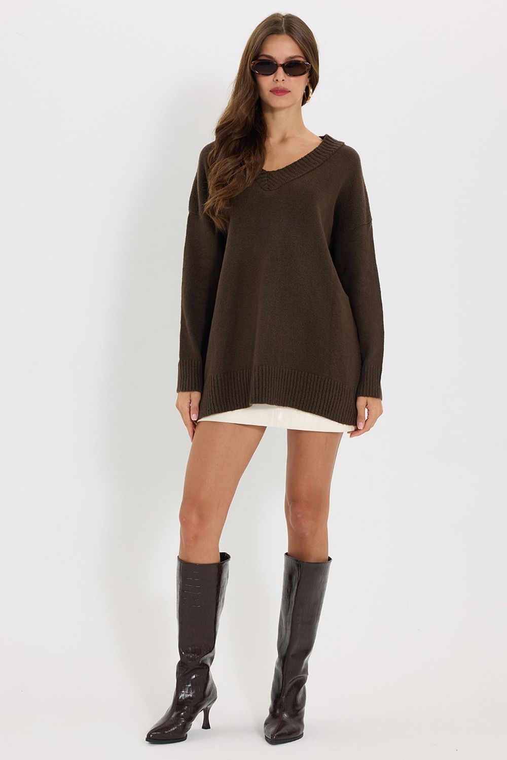 KADIN OVERSIZE V YAKA ERN-8366 BLUZ  KAZAK