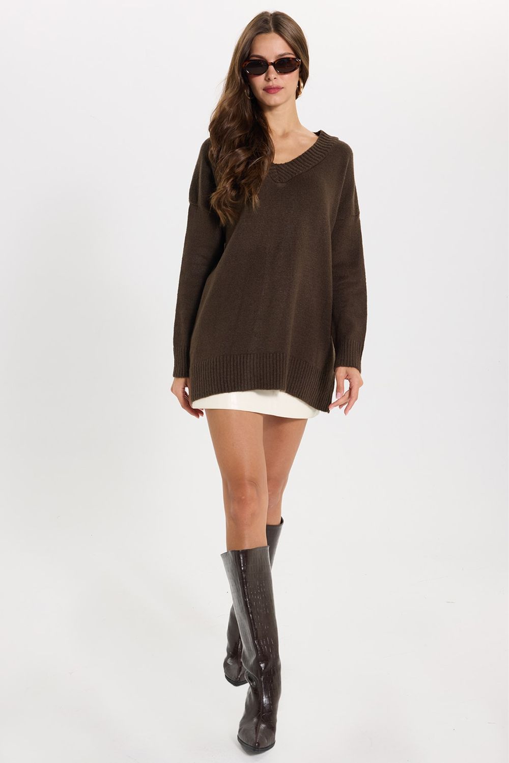 KADIN OVERSIZE V YAKA ERN-8366 BLUZ  KAZAK