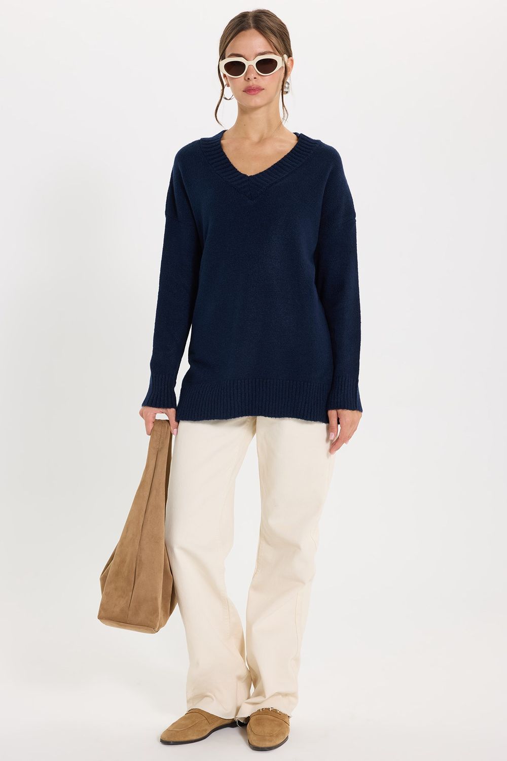 KADIN OVERSIZE V YAKA ERN-8366 BLUZ  KAZAK