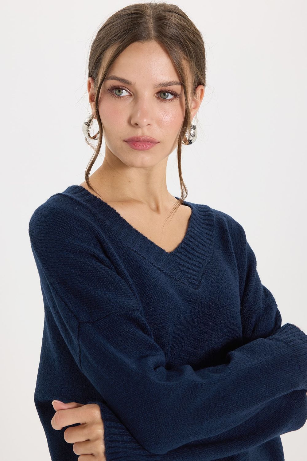 KADIN OVERSIZE V YAKA ERN-8366 BLUZ  KAZAK