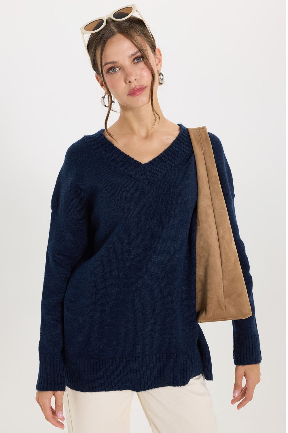 KADIN OVERSIZE V YAKA ERN-8366 BLUZ  KAZAK