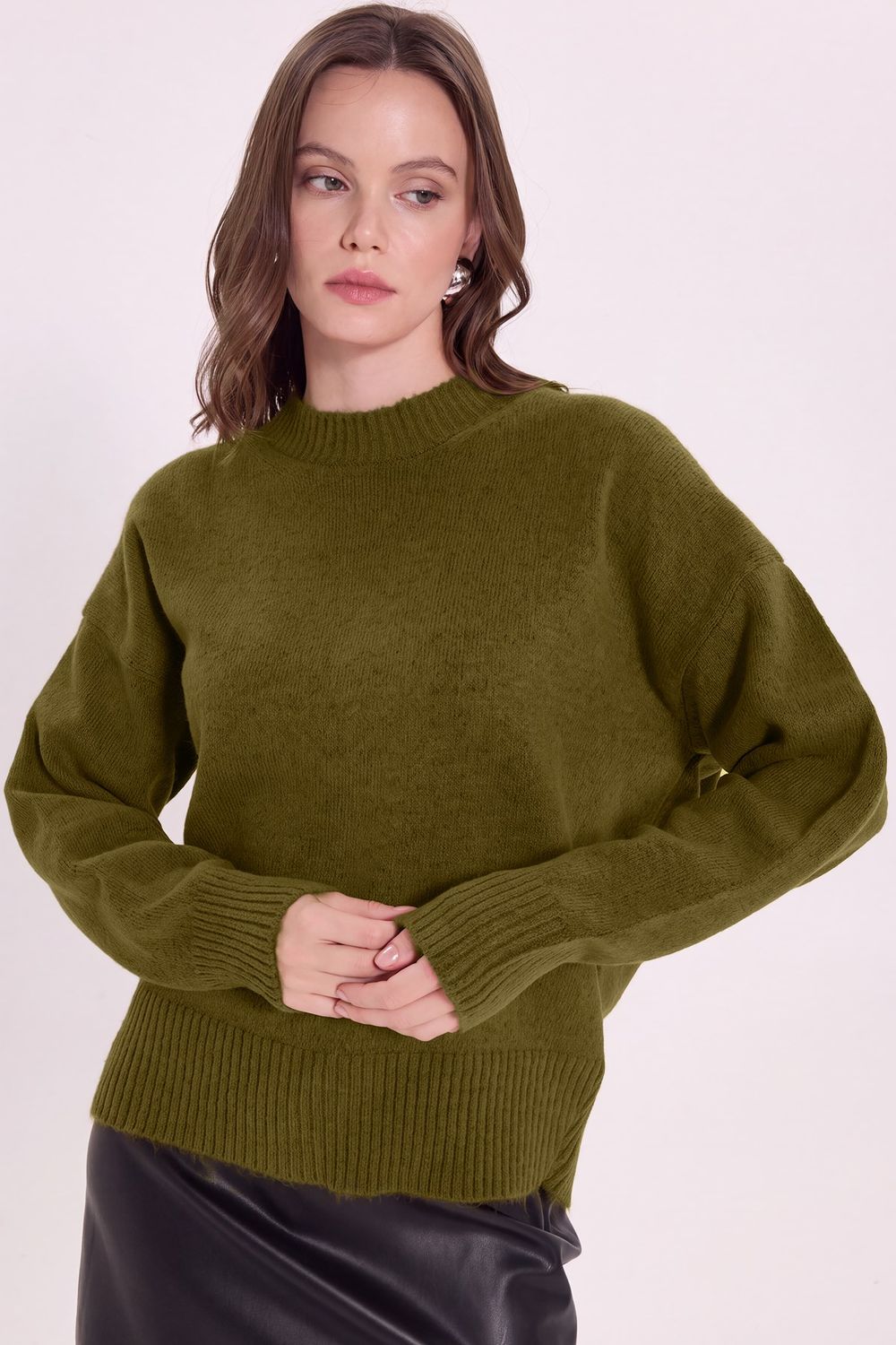 Kadın Oversize Geniş Kesim Bisiklet Yaka Haki Triko Kazak