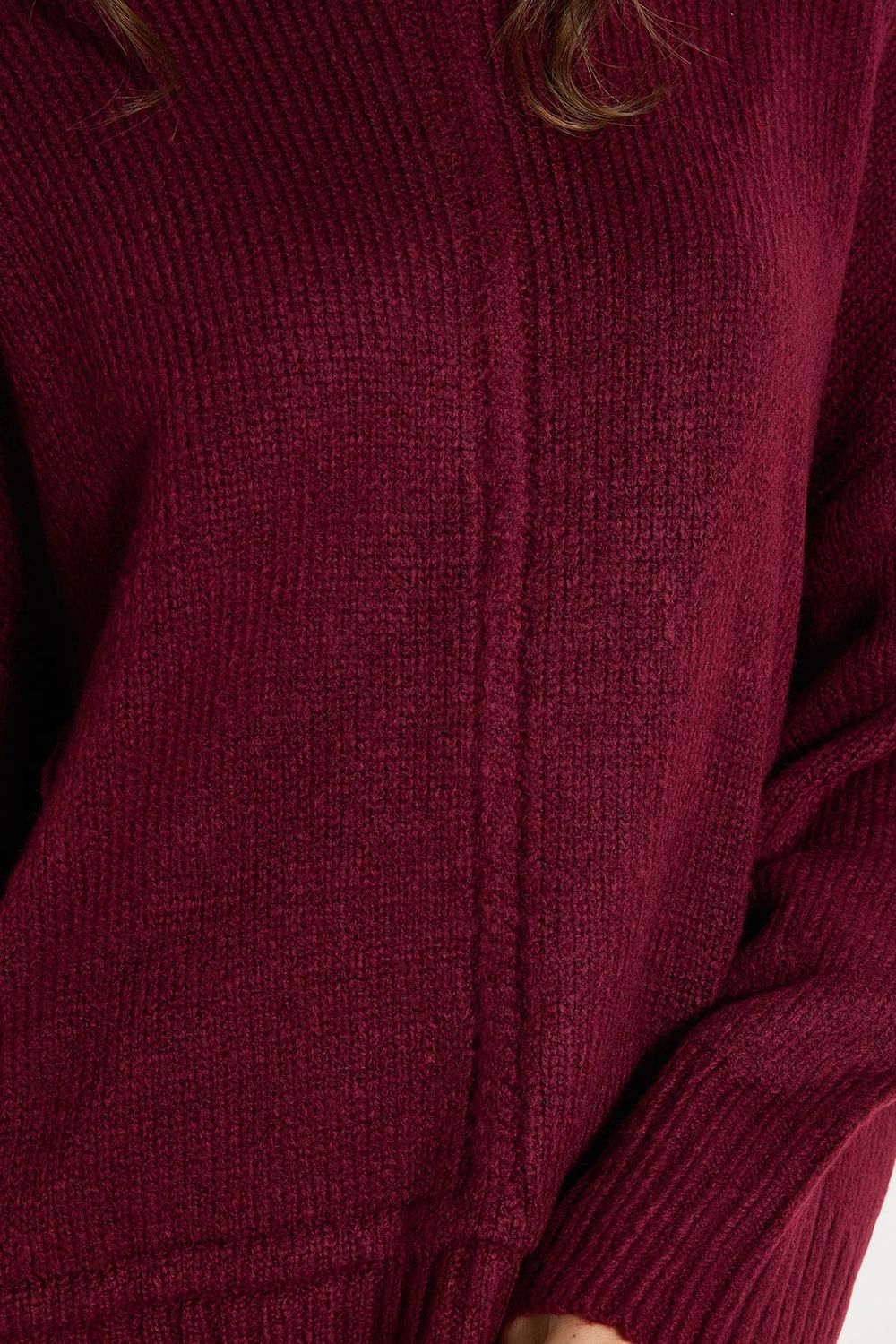 Kadın Oversize Geniş Kesim Bisiklet Yaka Düşük Omuzlu Çizgi Ön Dikiş Ribanalı Örgü Bordo Triko Kazak