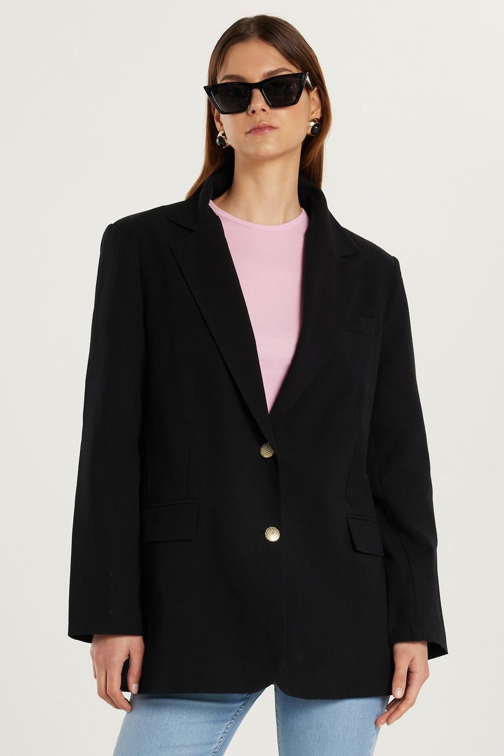 Kadın Slim Fit Dar Kesim Mono Yaka Torba Cep Vatkalı Siyah Ceket