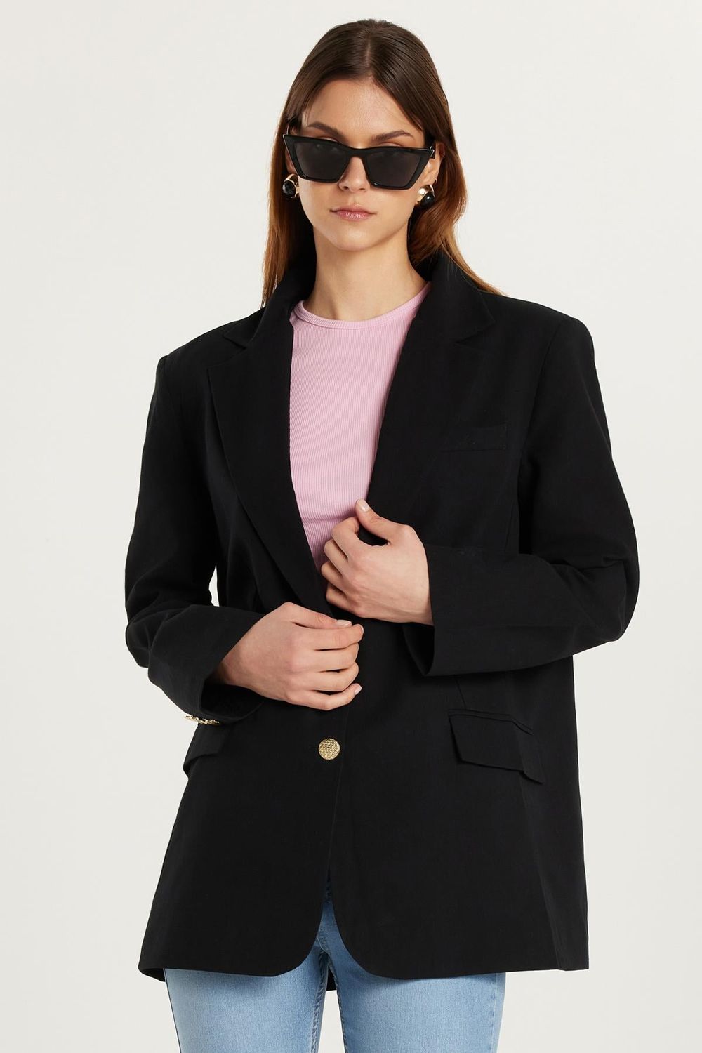 Kadın Slim Fit Dar Kesim Mono Yaka Torba Cep Vatkalı Siyah Ceket