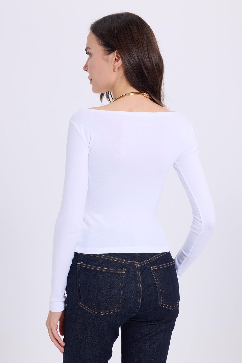 Kadın Slim Fit Dar Kesim Pamuklu Modal Kumaş Uzun Kollu Kayık Yaka Beyaz Bluz