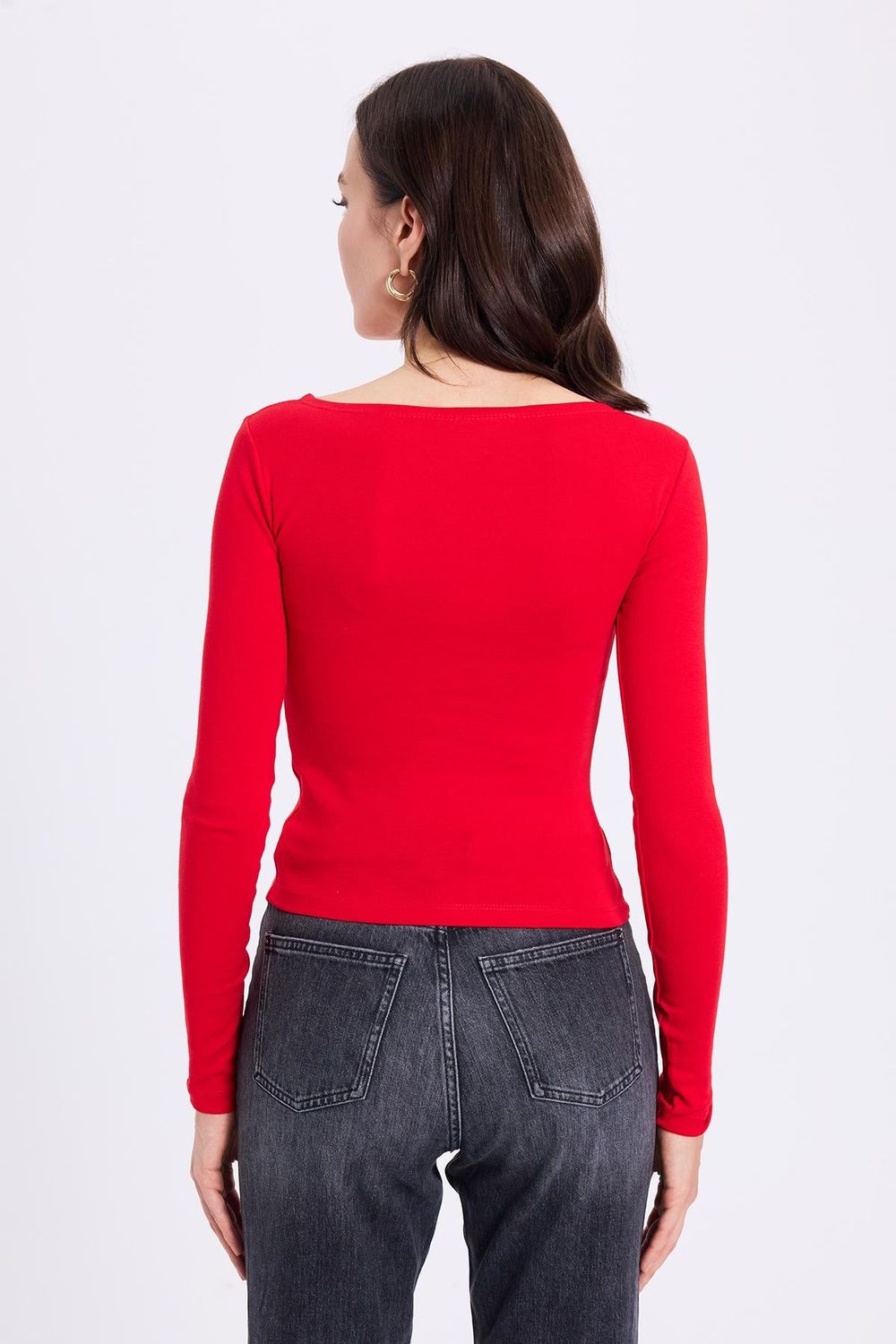 Kadın Slim Fit Dar Kesim Pamuklu Modal Kumaş Uzun Kollu Kayık Yaka Kırmızı Bluz