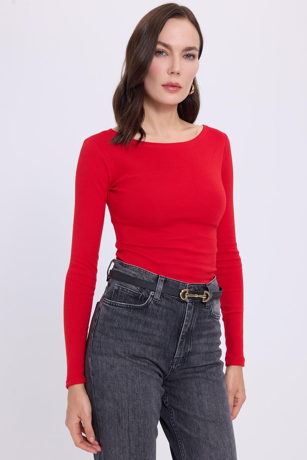 Kadın Slim Fit Dar Kesim Pamuklu Modal Kumaş Uzun Kollu Kayık Yaka Kırmızı Bluz