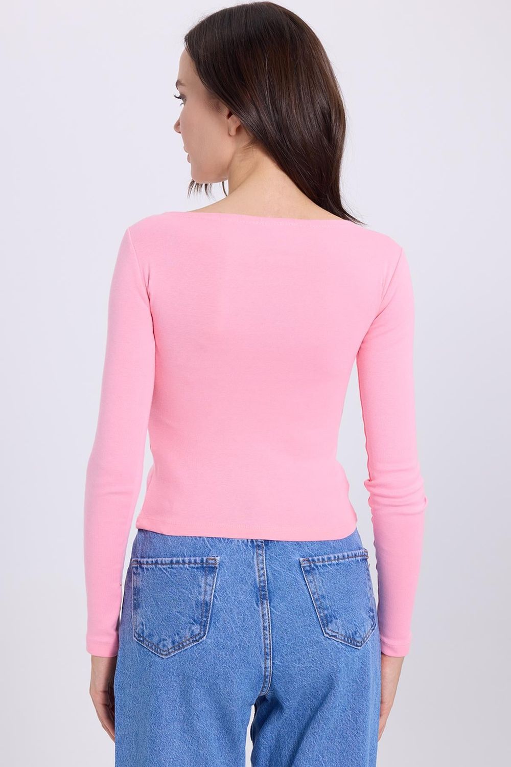 Kadın Slim Fit Dar Kesim Pamuklu Modal Kumaş Uzun Kollu Kayık Yaka Pembe Bluz
