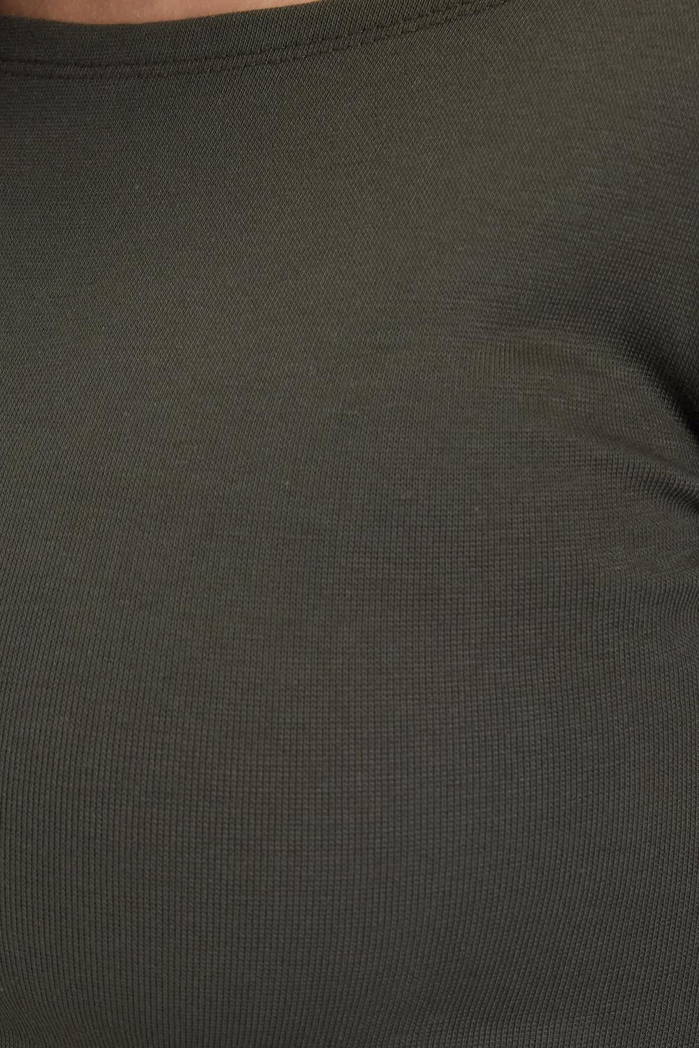 Kadın Slim Fit Dar Kesim Pamuklu Modal Kumaş Uzun Kollu Kayık Yaka Haki Bluz