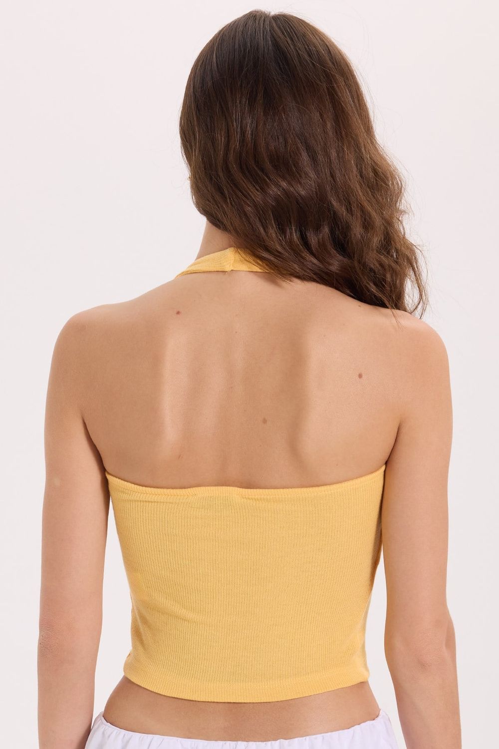 Kadın Slim Fit Dar Kesim Pamuklu Halter Yaka Kaşkorse Sarı Crop