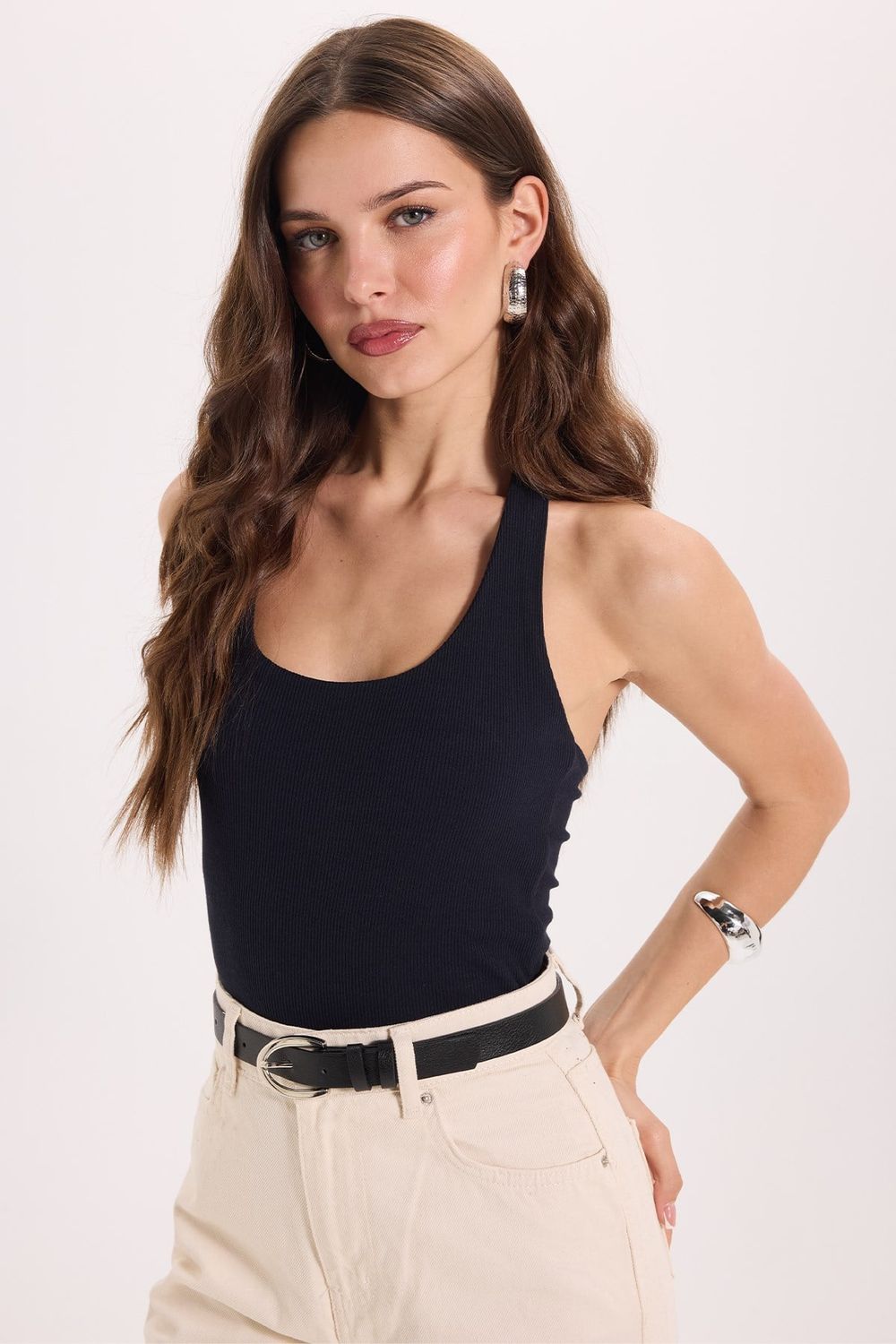 Kadın Slim Fit Dar Kesim Pamuklu Halter Yaka Kaşkorse Lacivert Crop