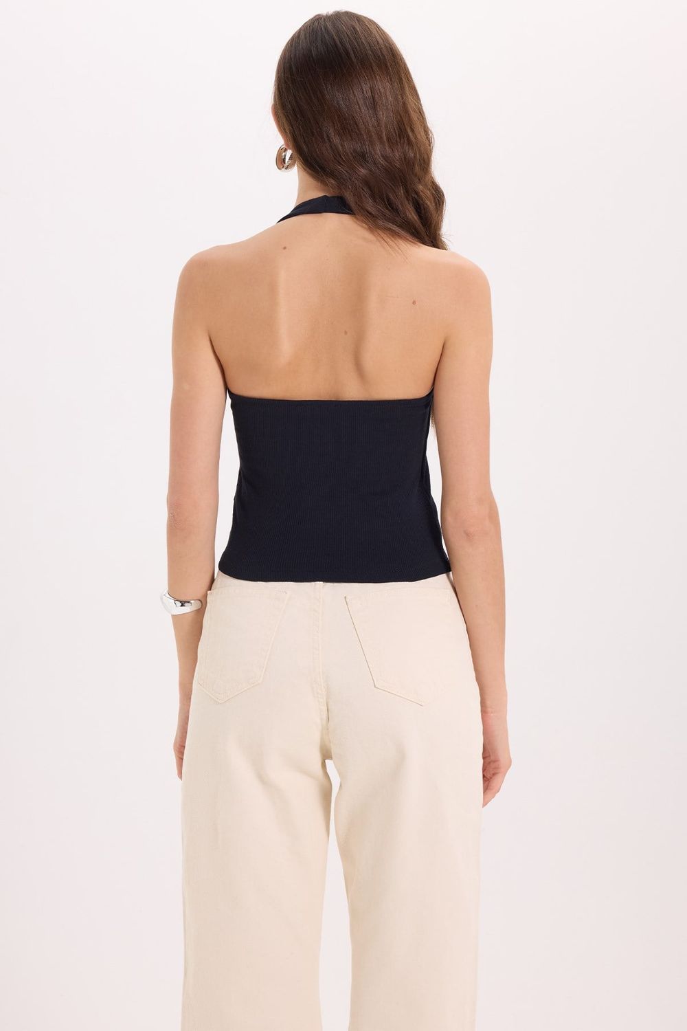 Kadın Slim Fit Dar Kesim Pamuklu Halter Yaka Kaşkorse Lacivert Crop