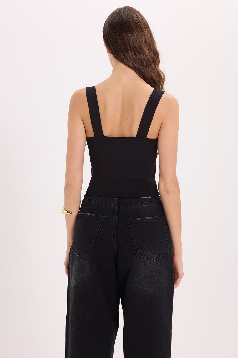 Kadın Slim Fit Dar Kesim Likralı Siyah Crop Atlet 