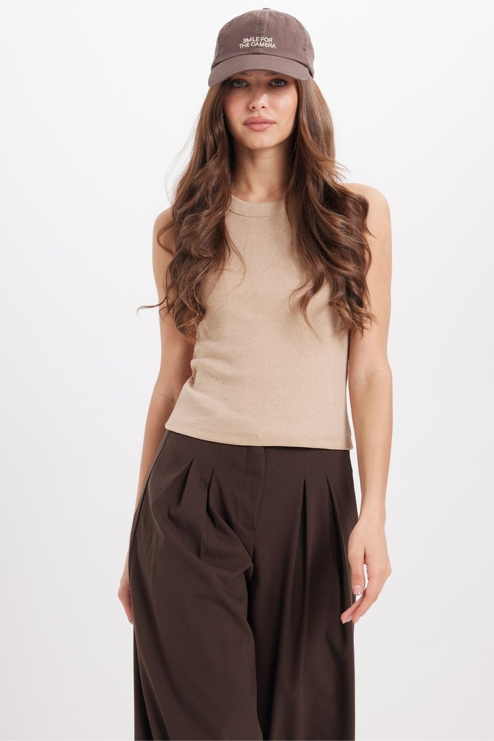 Kadın Slim Fit Dar Kesim Pamuklu Askılı Bisiklet Yaka Vizon Crop Atlet